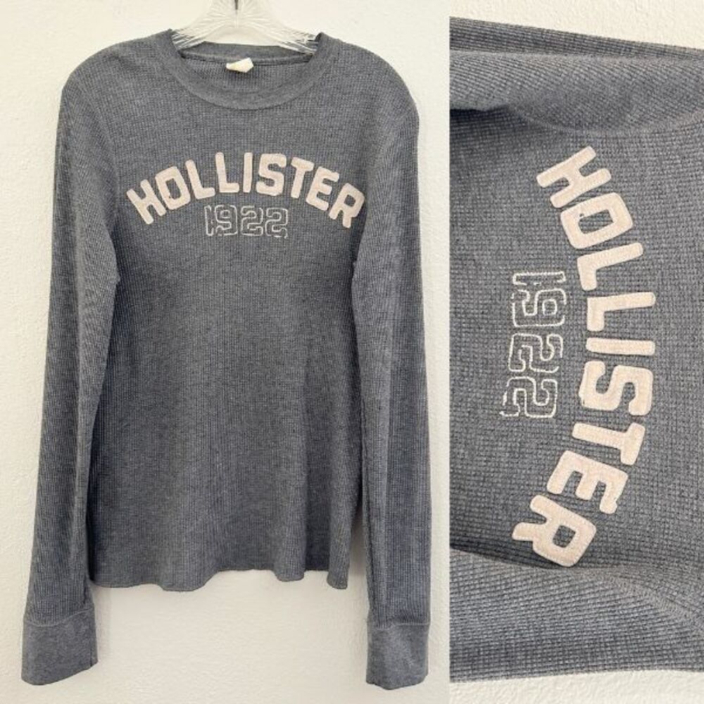 Hollister Y2k Thermal Long Sleeve Gray Felted Logo Streetwear Cotton Men Medium